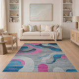 Abstract Grey Rug with Pink Circles Blue Waves