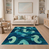 Washable Coastal Blue Seahorse Area Rug, Non-Slip Low Pile