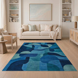 ODIKA Washable Blue Abstract Geometric Area Rug - Low Pile Non-Slip Indoor Mat