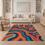 ODIKA Psychedelic Wavy Abstract Washable Rug - Low Pile Non-Slip Area Rug