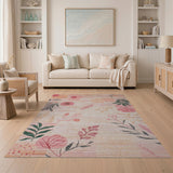 Blush Pink Floral Area Rug with Lush Leaves