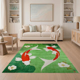 Emerald Green Koi Fish Area Rug with White Flowers