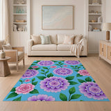 Purple Floral Blooms Area Rug on Vibrant Blue