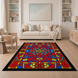 Vibrant Red Persian Area Rug with Blue Gold Motifs