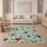 Whimsical Red Reindeer Skating Mint Green Rug