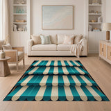 Teal White Striped Coastal Awning Area Rug