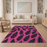 Bold Black Feathers on Vibrant Pink Area Rug