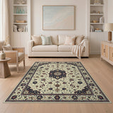 Ivory Traditional Persian Rug with Navy Medallion