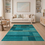 Teal Geometric Block Area Rug with Orange Accents