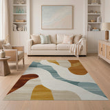 Abstract Wave Area Rug in Teal Terracotta Cream
