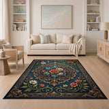 Ornate Navy Blue Rose Medallion Area Rug