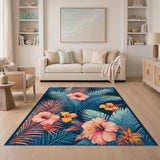 Blue Teal Hibiscus Washable Area Rug