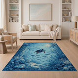 ODIKA Sea Turtle Ocean Blue Washable Area Rug - Low Pile Non-Slip Coastal Decor