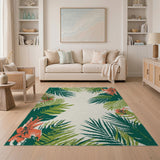 Lush Green Palm Leaf Area Rug with Coral Blooms