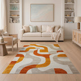 Curved Orange Abstract Geometric Area Rug