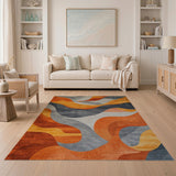 ODIKA Modern Abstract Wave Washable Area Rug - Terracotta & Grey Low Pile Non-Slip Rug