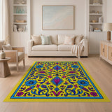 Vibrant Yellow Persian Floral Rug with Blue Pink Motifs