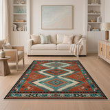 Terracotta Teal Geometric Tribal Area Rug