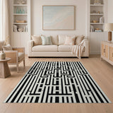 Black White Maze Labyrinth Area Rug