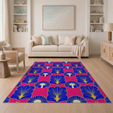 Art Deco Blue Fan Motif Area Rug on Vibrant Pink