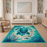 Teal Sea Turtle Coastal Blue and Teal Area Rug