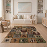 ODIKA Washable Vintage Mosaic Medallion Area Rug - Low Pile Non-Slip Folk Art Pattern