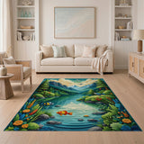 Serene Mountain Valley with Colorful Fish Area Rug