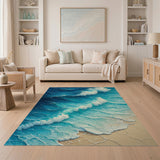 ODIKA Washable Coastal Ocean Wave Area Rug, Teal Blue Non-Slip Low Pile
