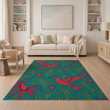 Teal Hummingbird Floral Pattern Area Rug
