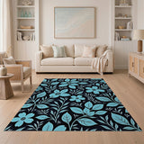 Teal Floral Leaves on Black Area Rug