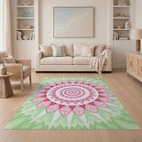 Pink Lotus Mandala Area Rug with Green Leaves