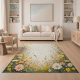Pastel Wildflower Border Area Rug in Yellow Pink Blooms