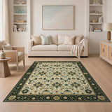 Traditional Persian Ivory Rug with Green Gold Motifs