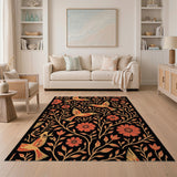 Vibrant Orange Birds Floral Pattern Area Rug