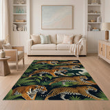 Prowling Tigers Leopards Jungle Fern Rug