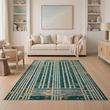 Teal Gold Grid Stripe Geometric Area Rug