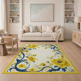 ODIKA Yellow and Blue Floral Washable Rug - Vintage Low Pile Non-Slip Area Rug