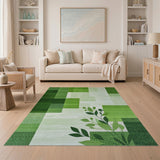 Green Geometric Textured Area Rug with Leaves