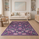 Purple Persian Floral Area Rug with Pink Blooms