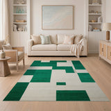 Green Emerald Green Ivory Geometric Block Rug