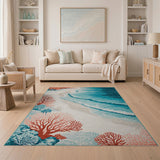 Teal Ocean Waves Coral Reef Beach Area Rug