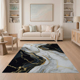 ODIKA Modern Black and Gold Marble Washable Rug, Low Pile Non-Slip Area Rug