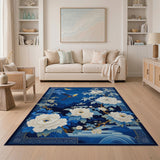 Navy Blue Peony and Colorful Birds Oriental Rug