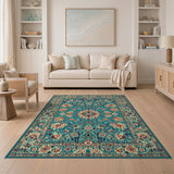 Teal Traditional Persian Area Rug with Floral Medallion