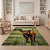Highland Cow Geometric Green Pasture Rug