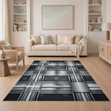 Sleek Black White Metallic Grid Area Rug