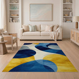 ODIKA Modern Washable Abstract Blue and Yellow Area Rug - Low Pile Non-Slip Living Room Rug, Pet & Kid Friendly