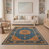 Blue and Orange Persian Medallion Area Rug