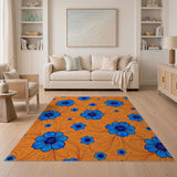 Vibrant Blue Floral on Orange Area Rug