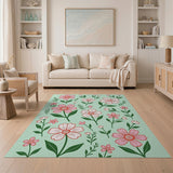 Whimsical Pink Floral Mint Green Area Rug